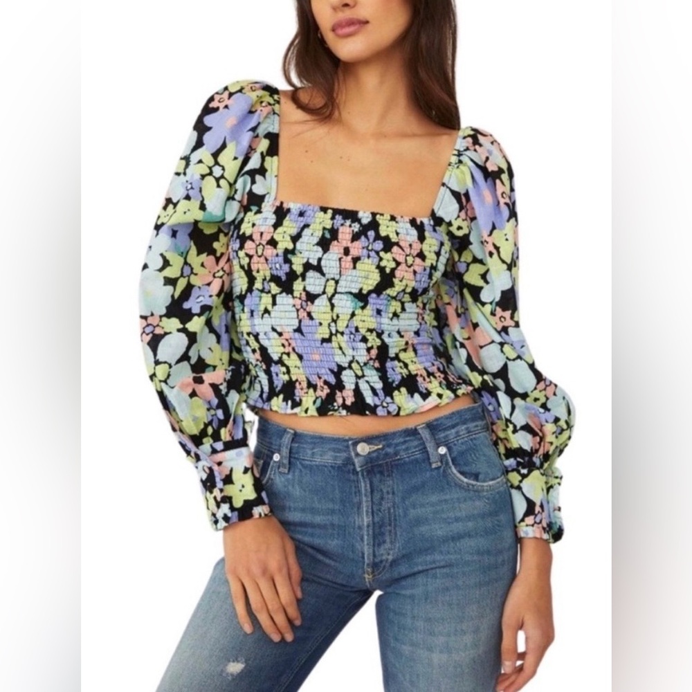 FREE PEOPLE Ariana Floral Puff Sleeve Top Cotton Cropped Blouse Size XS